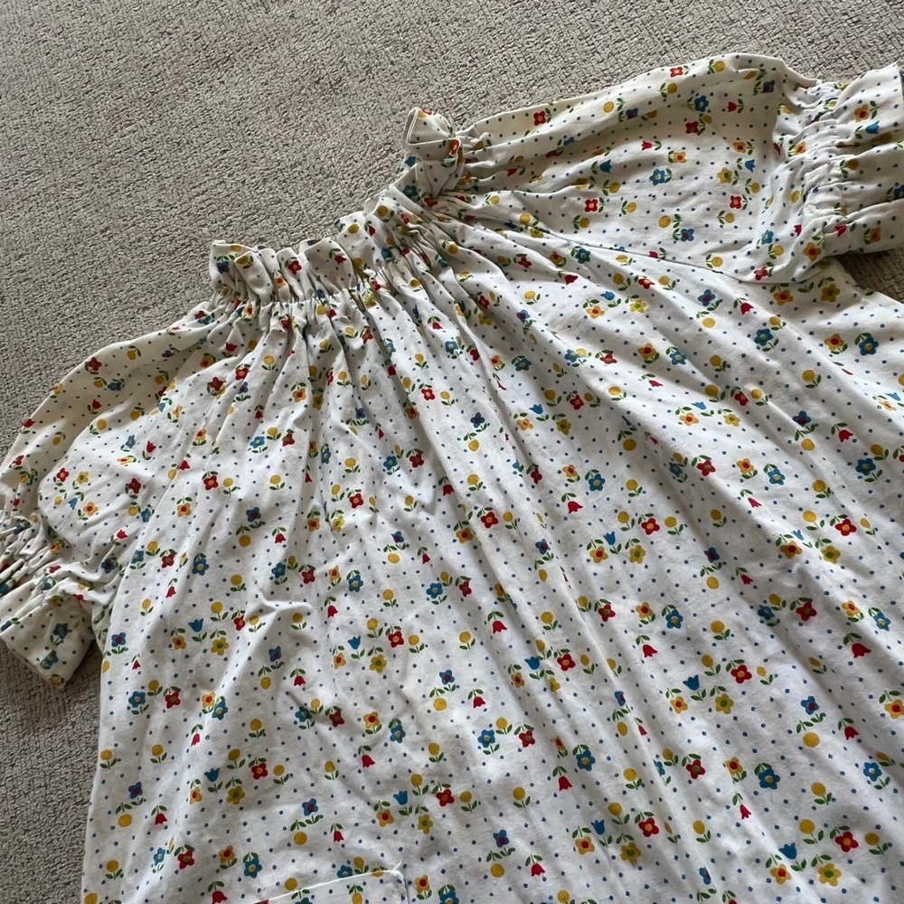 Vintage Girls Floral Polka Dot Smock‎ Dress White Ruffle Neck Puff Sleeve